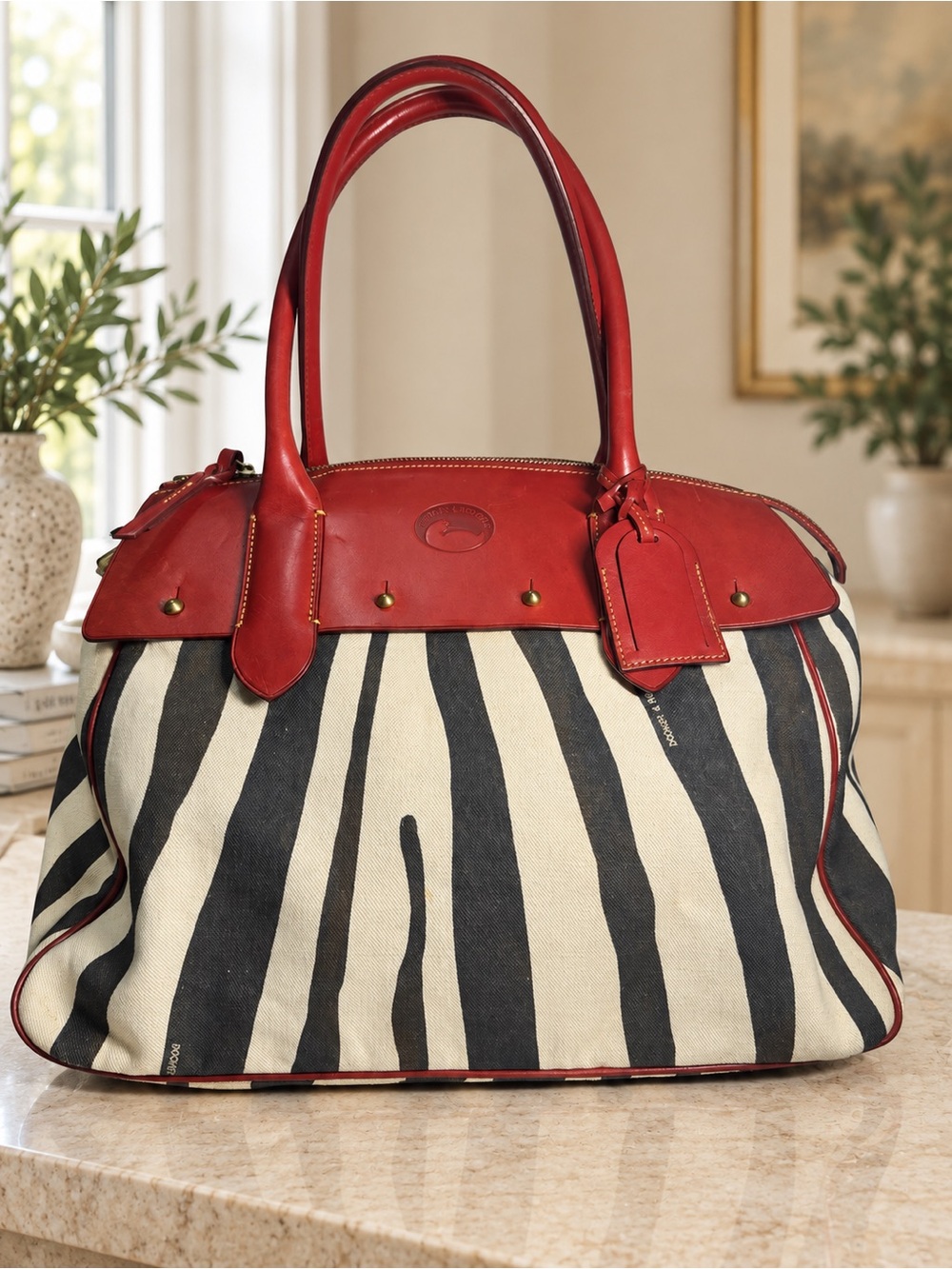 Dooney & Bourke Red Leather-Trim Zebra Canvas Tote extra large travel or work